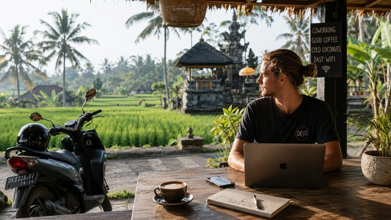 Freelancer with Laptop Overlooking Scenic Rice Terraces Freelancer with Laptop Overlooking Scenic Rice Terraces