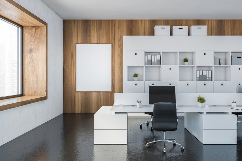 Modern Minimalist Open-Plan Office with Wood Accents Modern Minimalist Open-Plan Office with Wood Accents