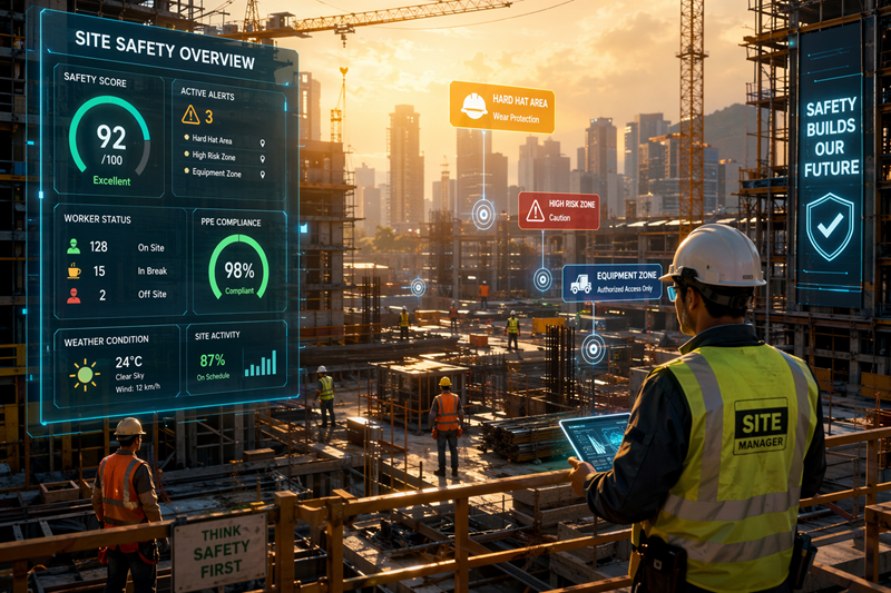 Smart Construction Site with Futuristic Augmented Reality HUD