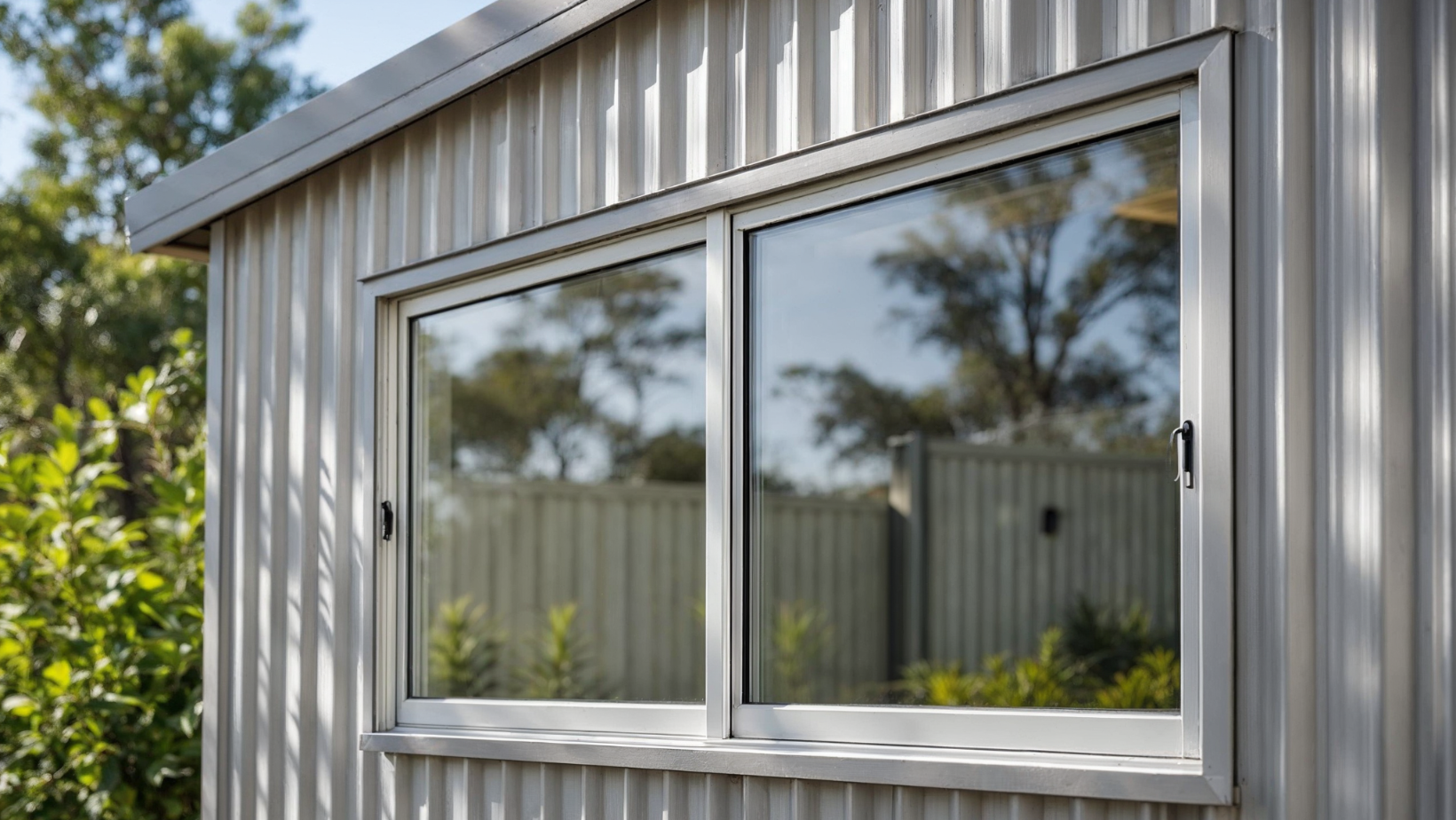 shed window installed on a steel shed