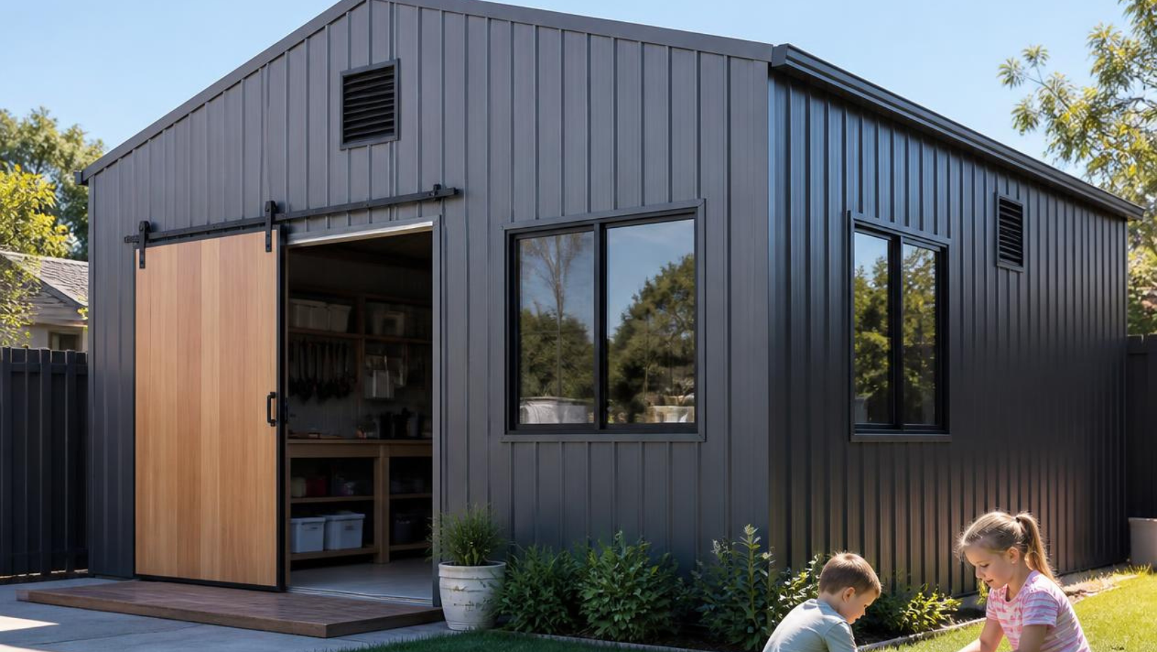 steel shed in a residential area