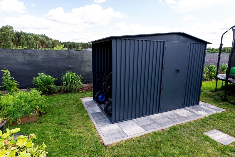 Backyard Storage Shed with Integrated Open Side Bay
