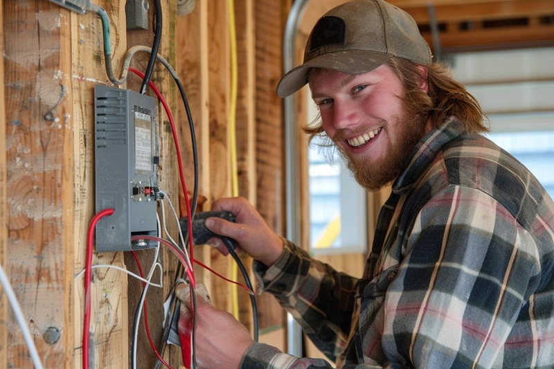 Smiling Apprentice Working on Residential Wall Wiring