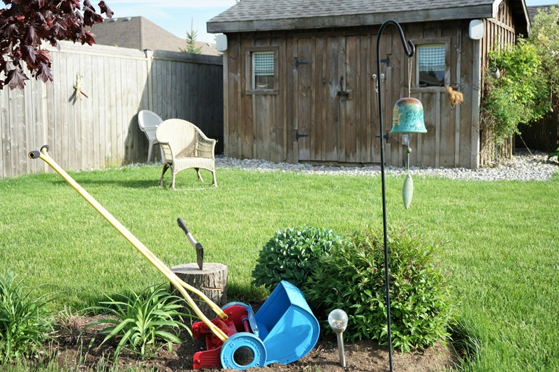 a yard with a lawn mower, garden tools and a birdhouse a yard with a lawn mower, garden tools and a birdhouse