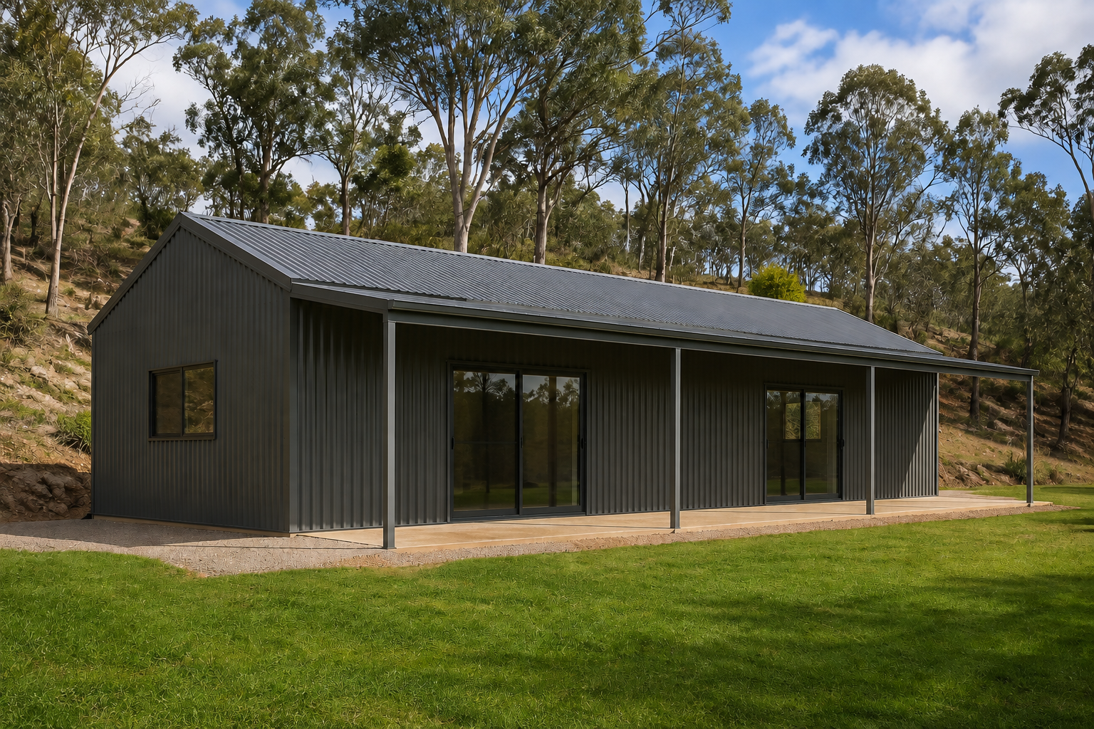 steel shed with sliding windows and doors