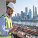 Construction Engineer Inspecting Site with Digital Tablet
