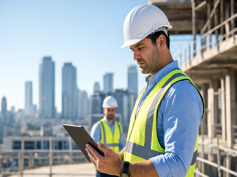 Construction Engineers Reviewing Digital Plans on Urban Site