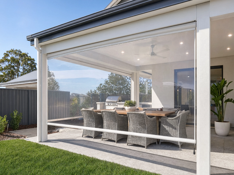 Modern Covered Patio with Retractable Clear Blinds