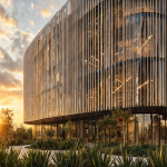 Modern Curved Architecture at Golden Hour Sunset