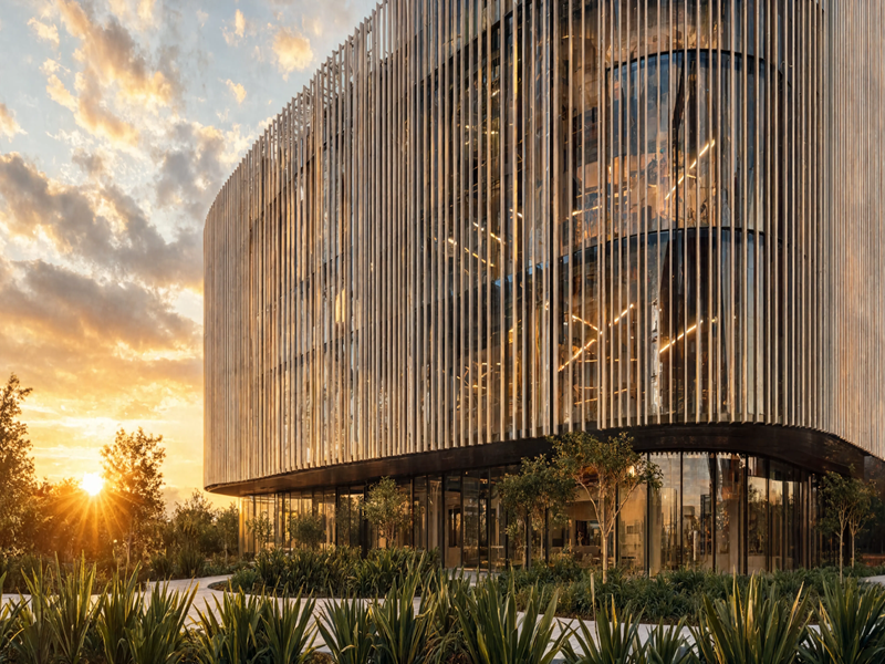 Modern Curved Architecture at Golden Hour Sunset