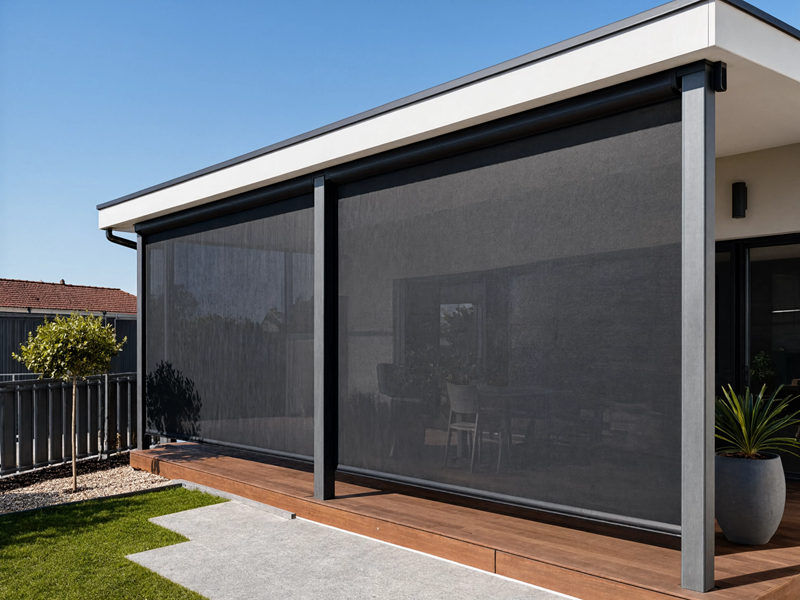 Modern Outdoor Patio with Dark Mesh Retractable Blinds
