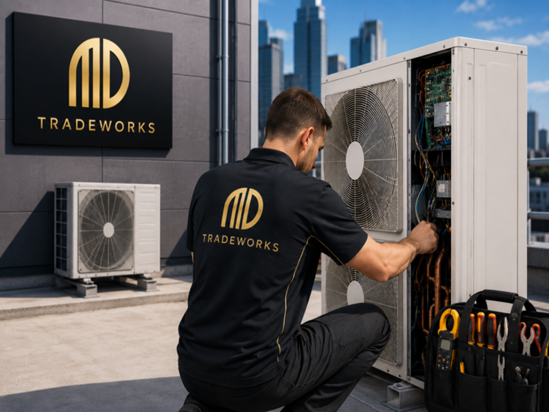 technician repairing an outdoor HVAC