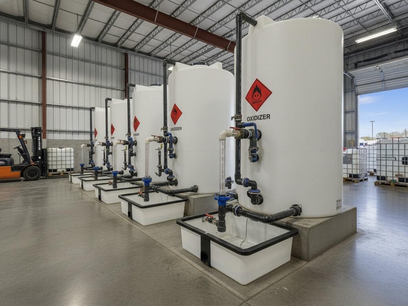 A clean industrial storage area featuring chemical tanks, secure pipe fittings, and visible hazard labels