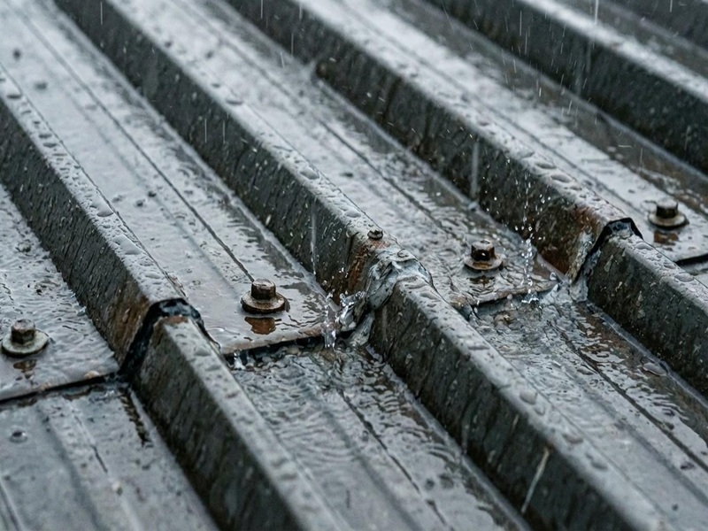 A close-up of a corrugated steel shed roof showing water dripping near a roof A close-up of a corrugated steel shed roof showing water dripping near a roof