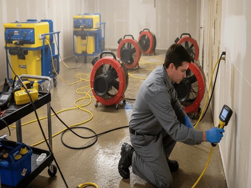 A professional restoration technician assessing a room with a commercial dehumidifier