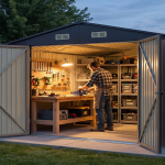 A small steel shed with its owner open workbench