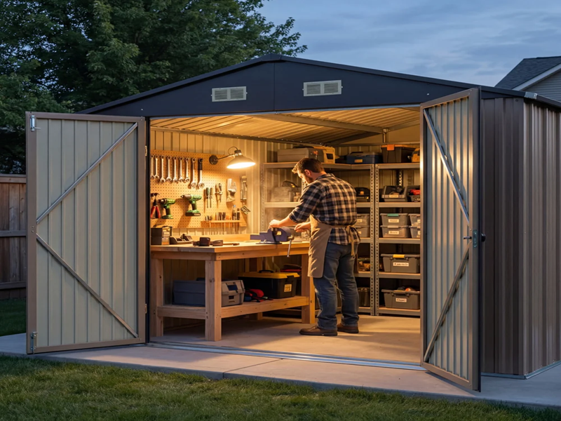 A small steel shed with its owner open workbench A small steel shed with its owner open workbench