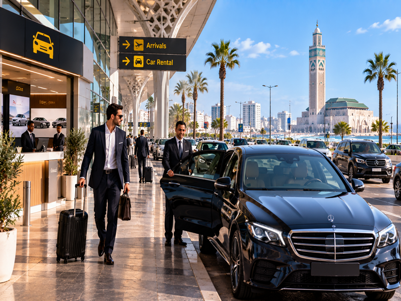 Business Traveler Boarding Private Luxury Sedan at Airport Terminal