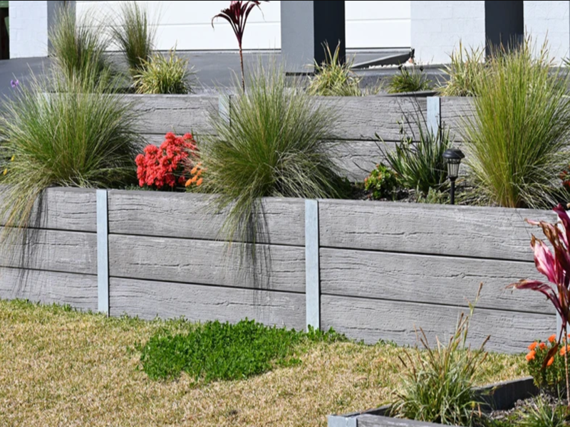 Concrete Sleeper Retaining Wall with Timber-Look Finish Concrete Sleeper Retaining Wall with Timber-Look Finish